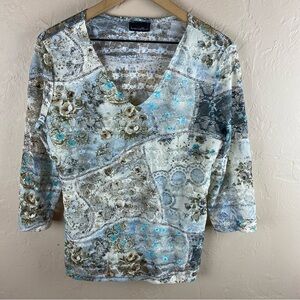 Brittany Black Stretch Lace floral Top Cream Blue Tan 3/4 sleeve XL